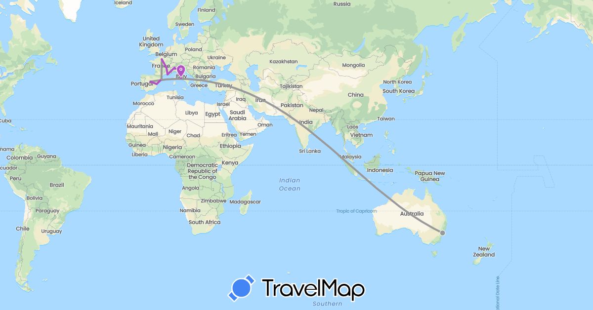 TravelMap itinerary: driving, plane, train in Australia, Spain, France, Italy (Europe, Oceania)